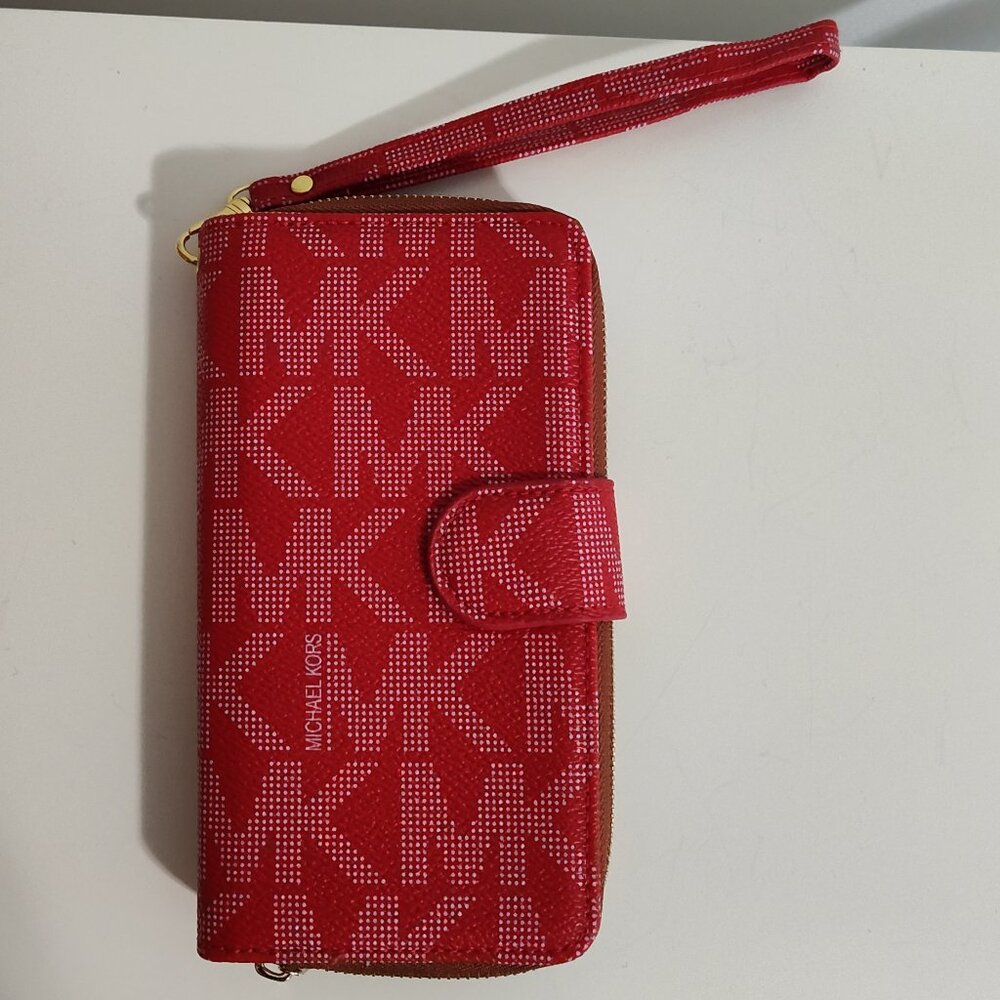 Michael Kors red & white monogram wristlet/cardholder/phone protector, EUC